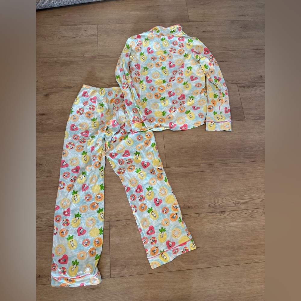 BedHead Fruit Print Two-Piece Pajama Set in White, Yellow, Pink, Green, Orange